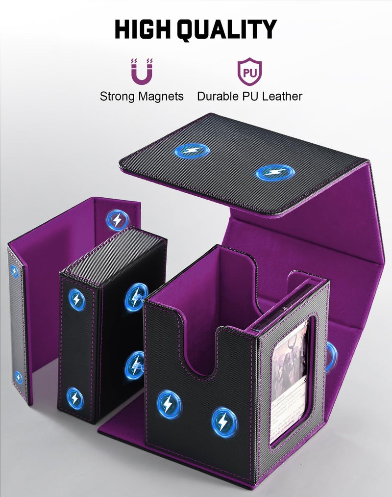 ZLCA MTG Deck Box  Commander Deck Box with Display Window  Card Deck Box Holds 100 Double-Sleeved Cards with Dice Tray & 35pt Magnetic Card Holder(Black& purple) - Image 4